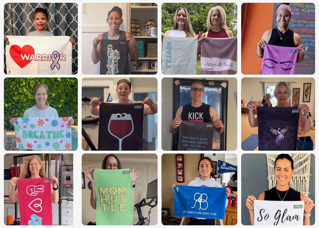 fitness enthusiasts holding an assortment of premium quality Work It motivational gym towels