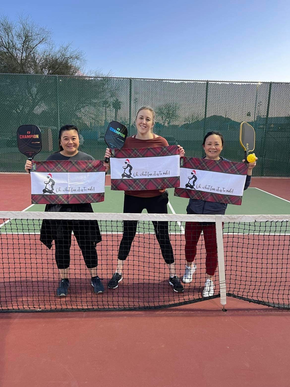 Three women standing on a pickleball court behind a net, each holding a custom-printed paddle and a sign that reads 'I challenge you to a game of pickleball'.