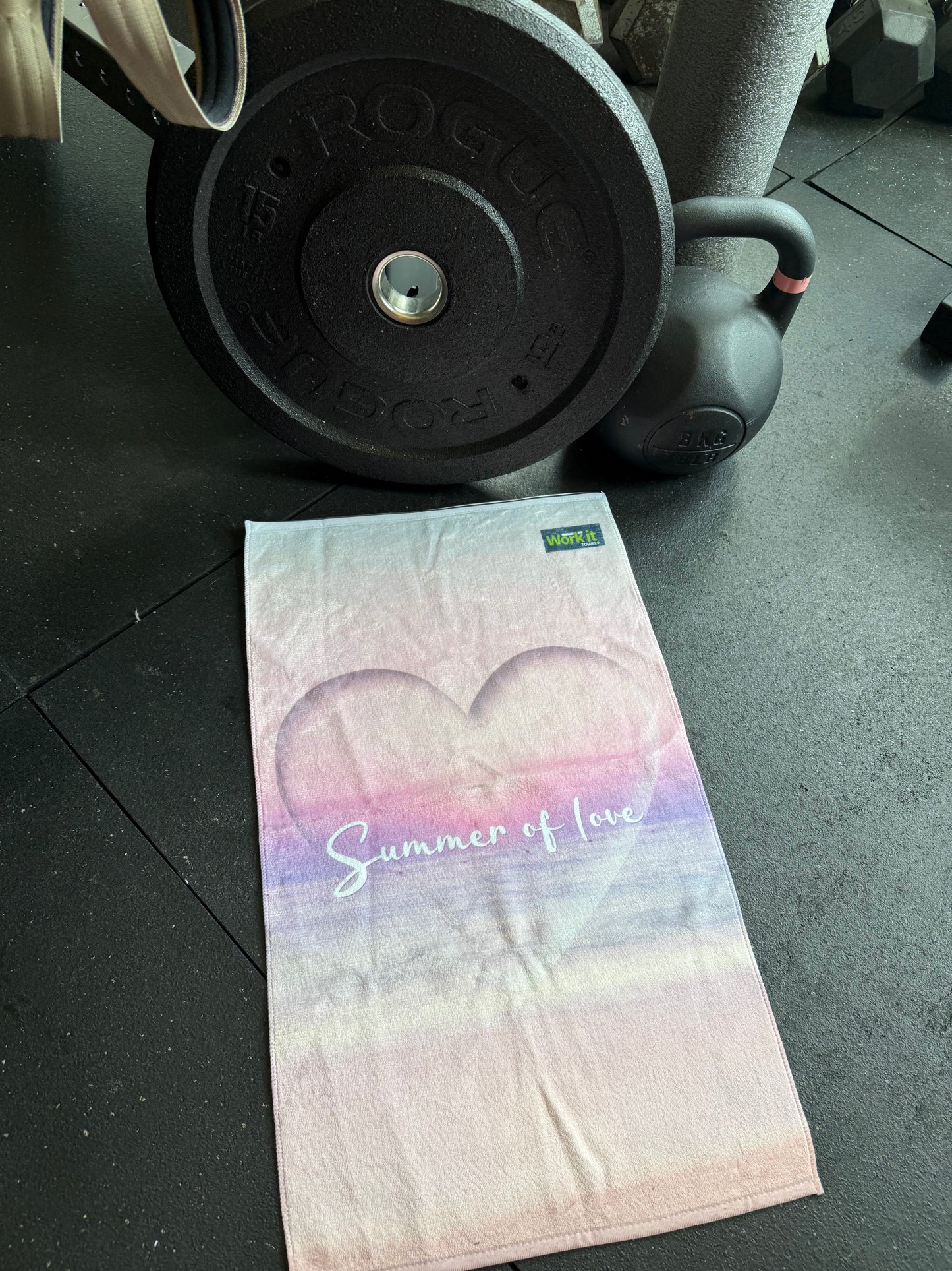 gym towel with beach design and heart inspired by island summer love and reality tv