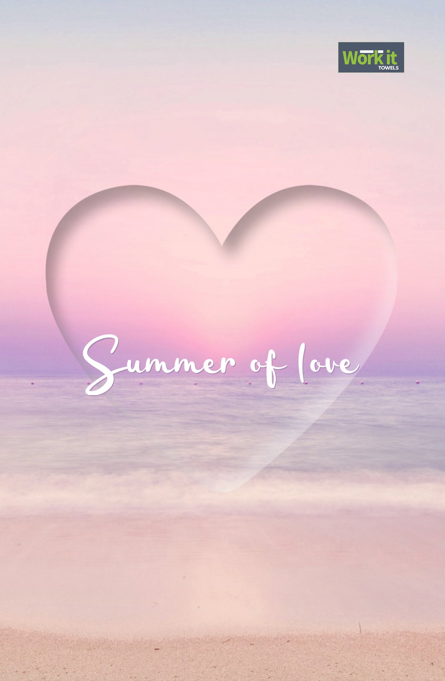 Heart-shaped design on a beach with 'Summer of Love' text and a pink gradient background.