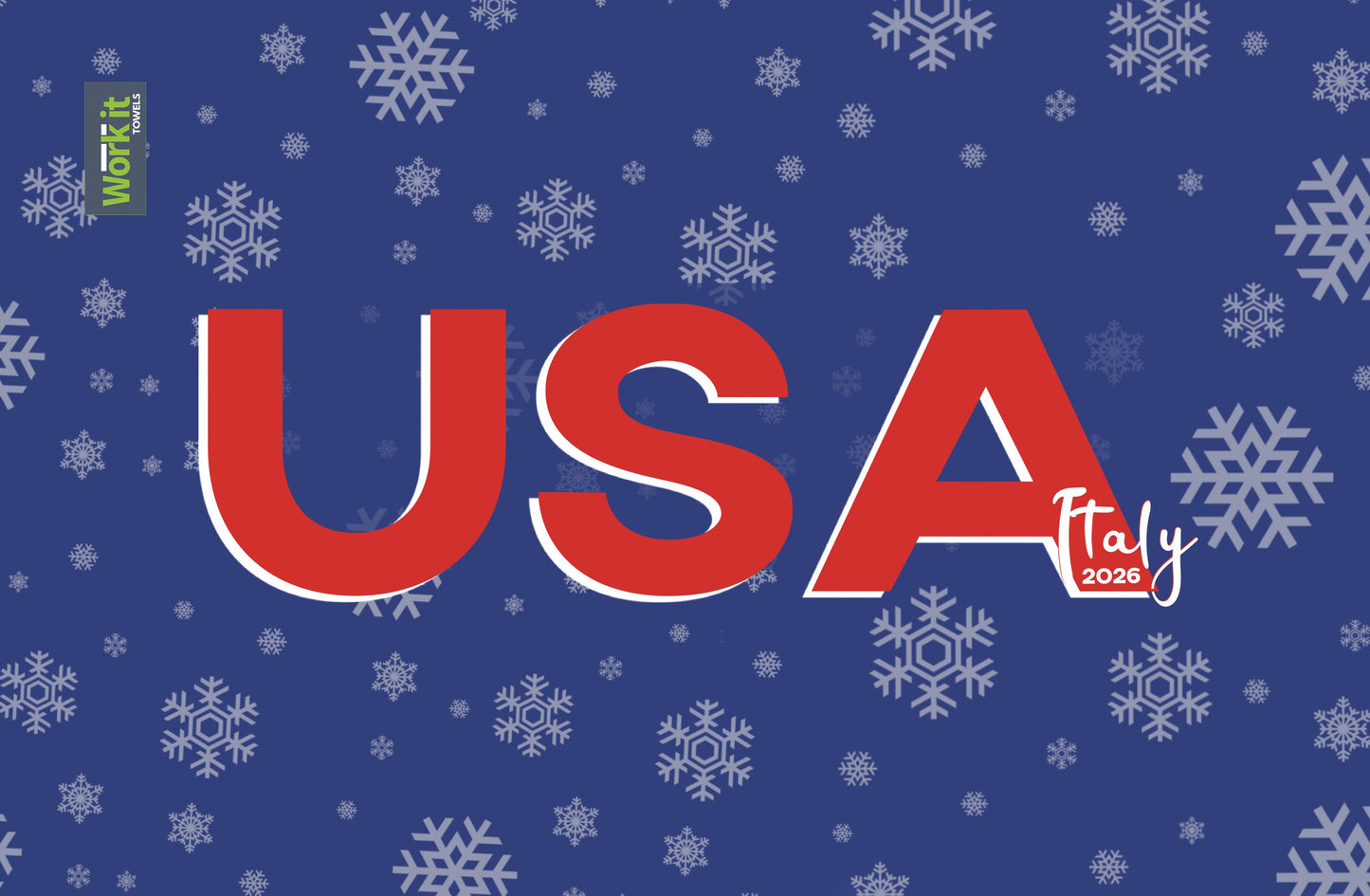 Blue towel with white snowflakes and large red letters spelling “USA” with “Italy 2026” detail.