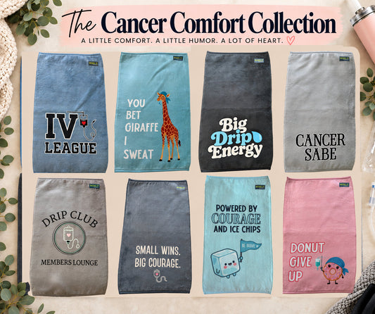 Work It Towels Cancer Comfort Collection featuring eight soft, colorful cancer support towels with humorous and encouraging designs, created to bring comfort and smiles to cancer patients during chemotherapy, radiation, and treatment days.