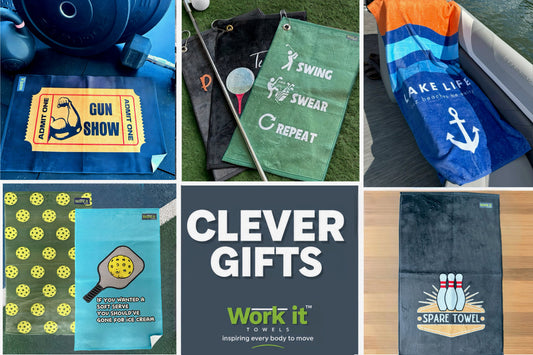 A collage of premium quality towels- our best selling ticket towel for the gym, an assortment of golf towels, a plush 'lake life' beach towel, pickleball towels and a bowling towel with the title, 'clever gifts' 