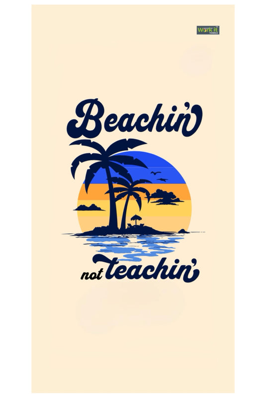 Beach towel with palm tree design and text on a beige background