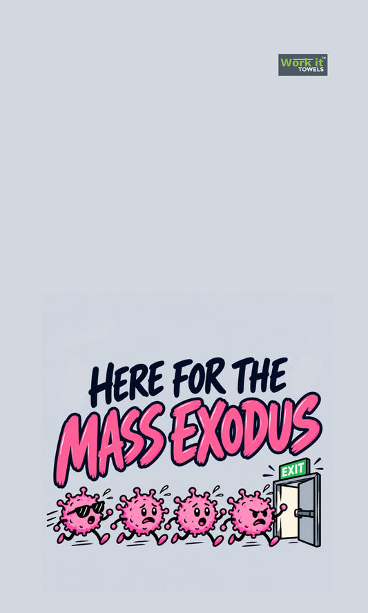 Light gray towel design with text "Here for the Mass Exodus" and four pink cartoon cancer cells running toward an exit door.