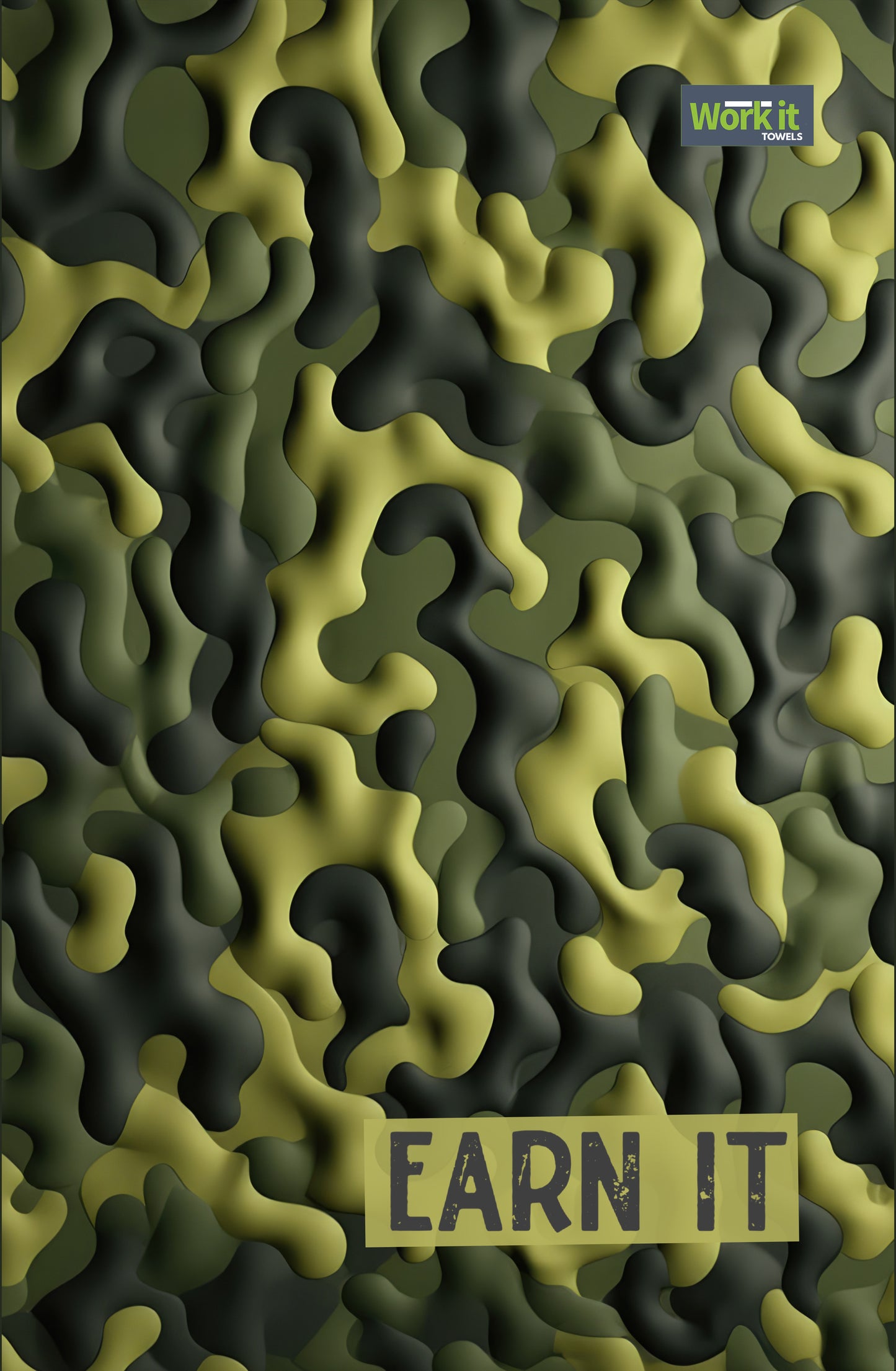 Green and olive camouflage patterned gym towel with bold text reading 'earn it' in a distressed lettering and Work It Towels logo in the top right corner