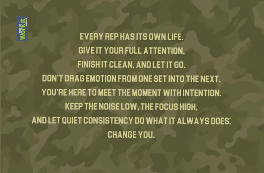 Green camouflage towel with motivational text reading “Every Rep Has Its Own Life” and additional workout mantra lines.