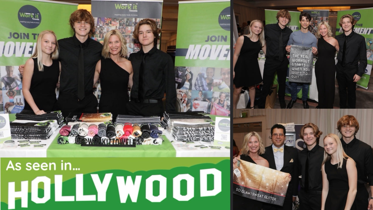 Load video: The Work It Towels family promoting their gym towels at the Oscars gifting suite in Hollywood.