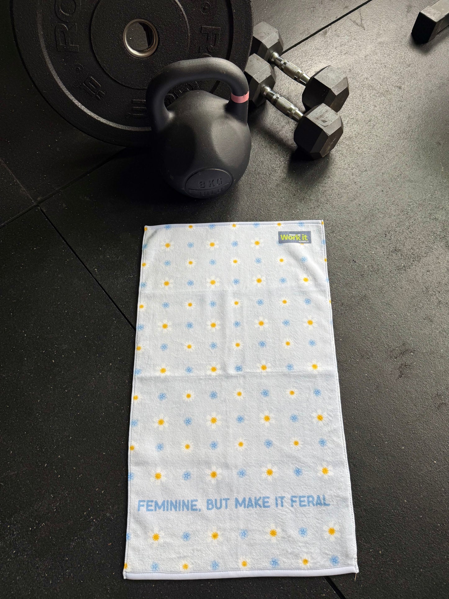 Feminine but Feral blue daisy gym towel