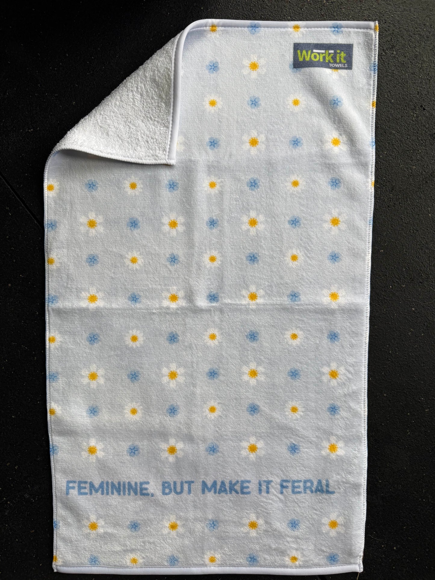 Feminine but Feral blue daisy gym towel