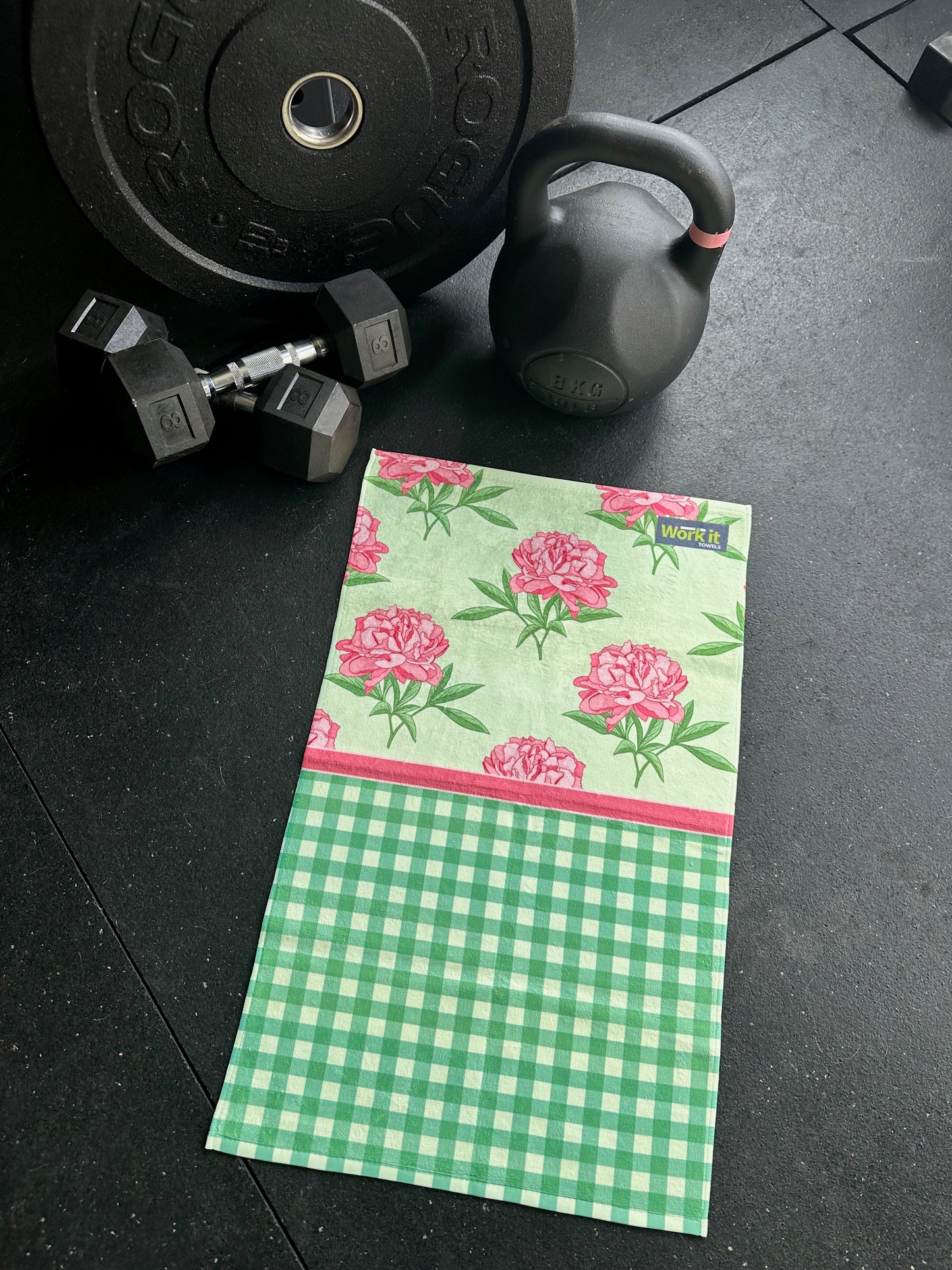 Pink Peony Gingham Gym Towel