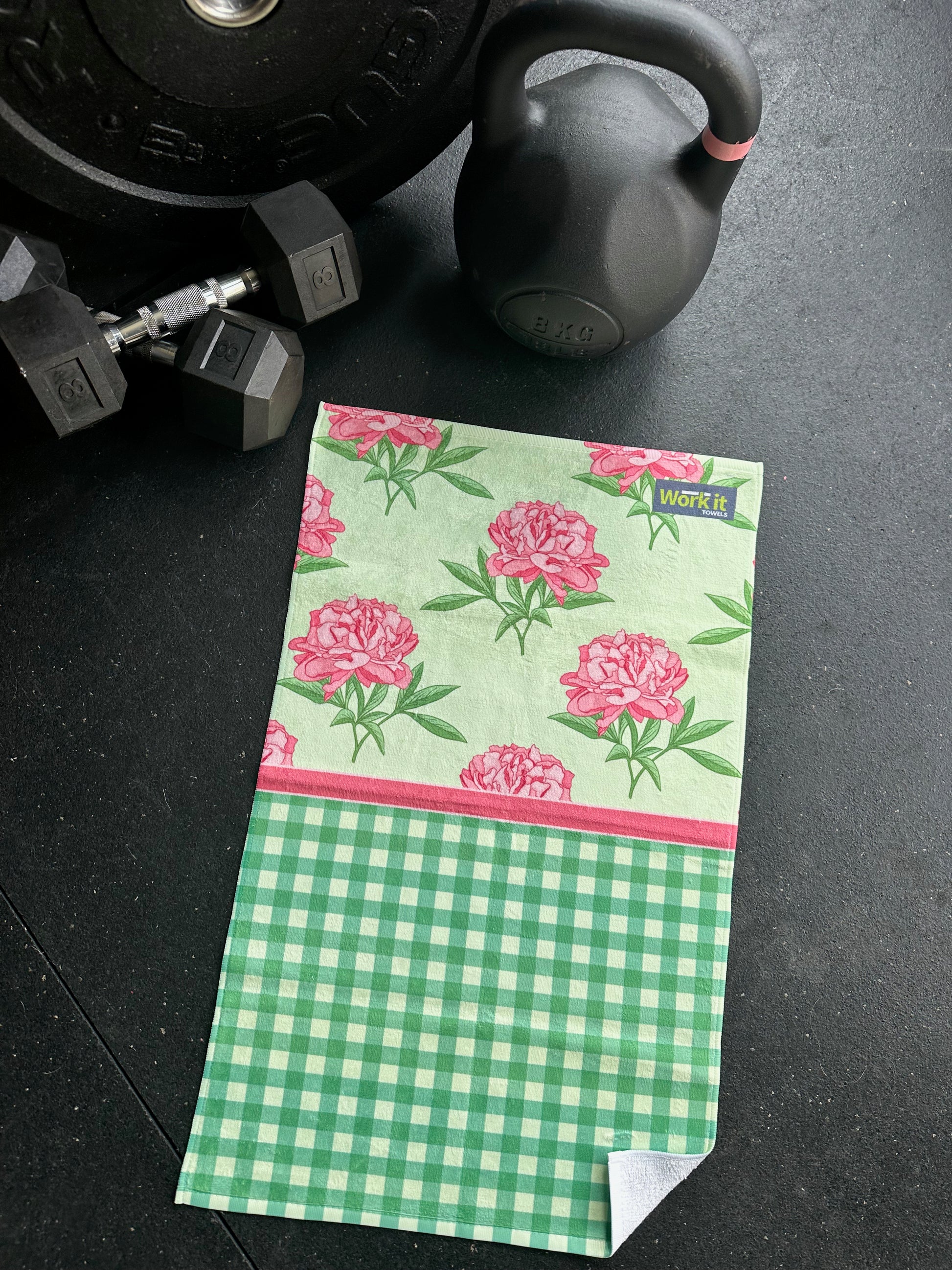 Pink Peony Gingham Gym Towel