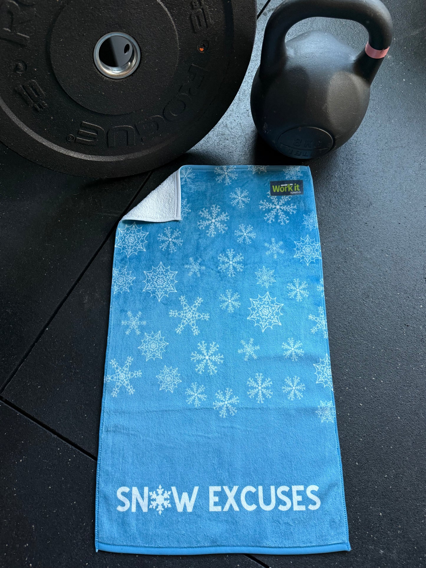 Snow Excuses blue snowflake gym towel