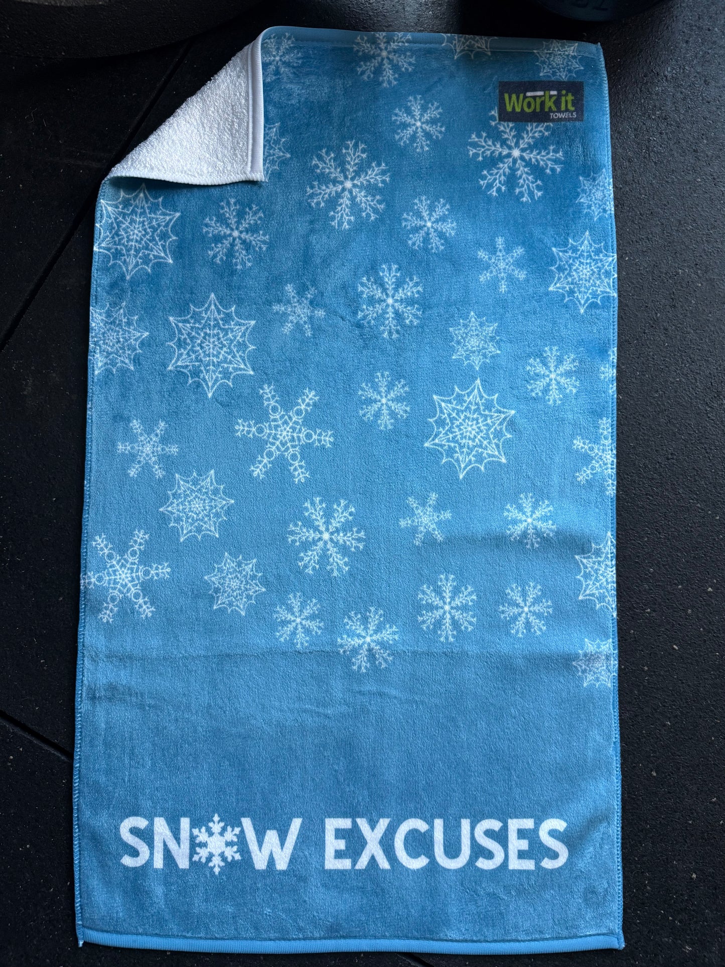 Snow Excuses blue snowflake gym towel