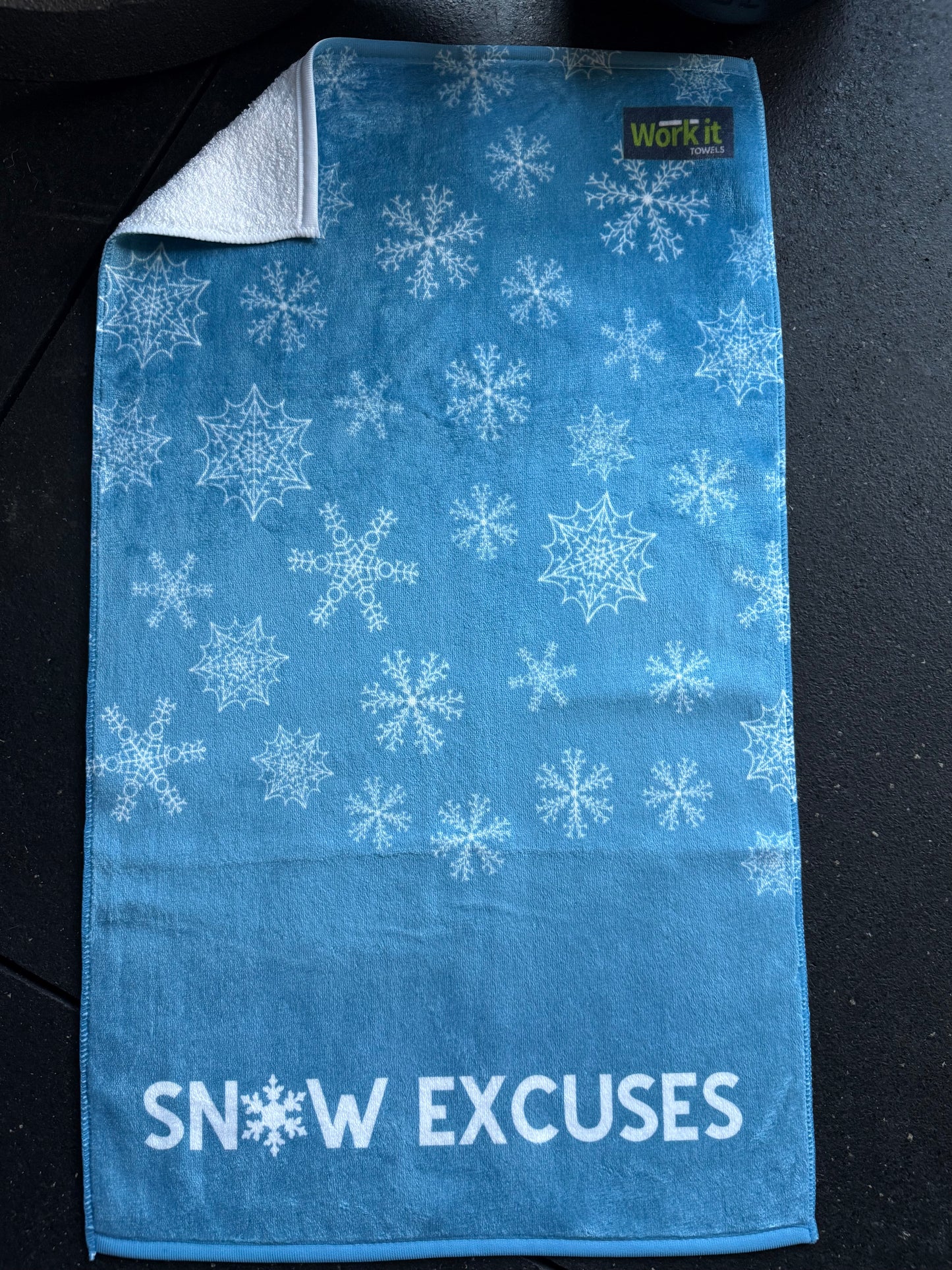 Snow Excuses blue snowflake gym towel