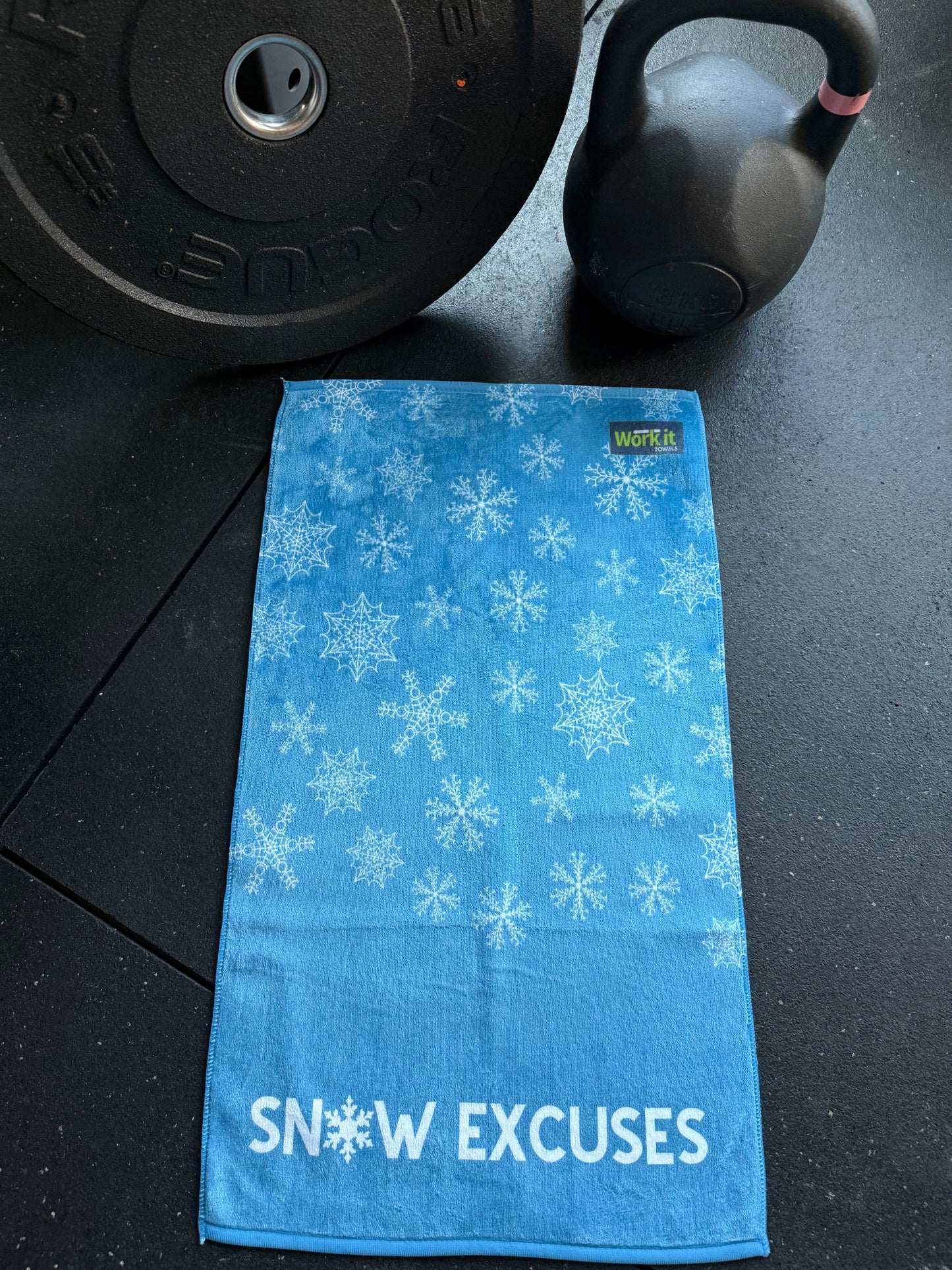 Snow Excuses blue snowflake gym towel