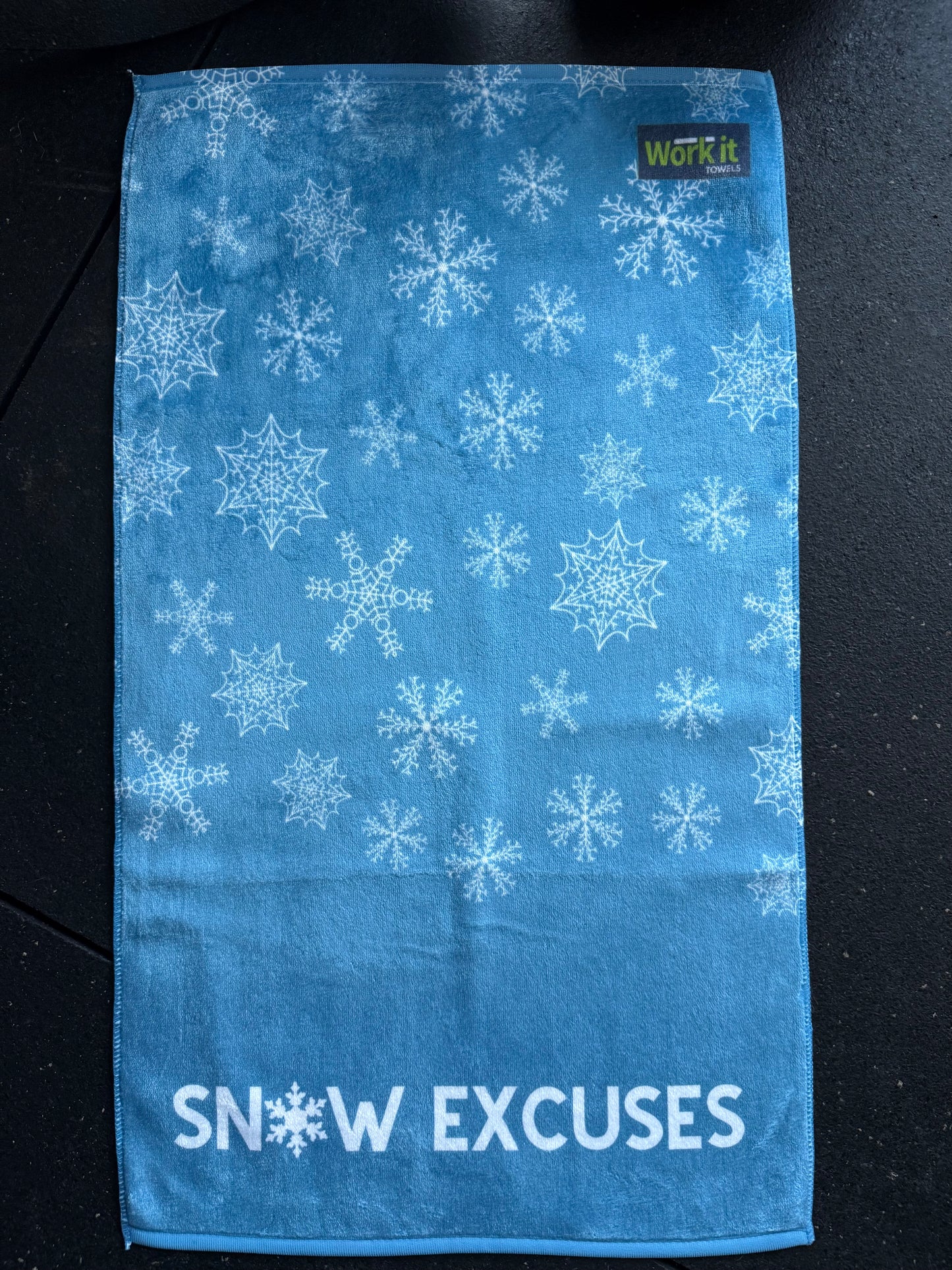 Snow Excuses blue snowflake gym towel