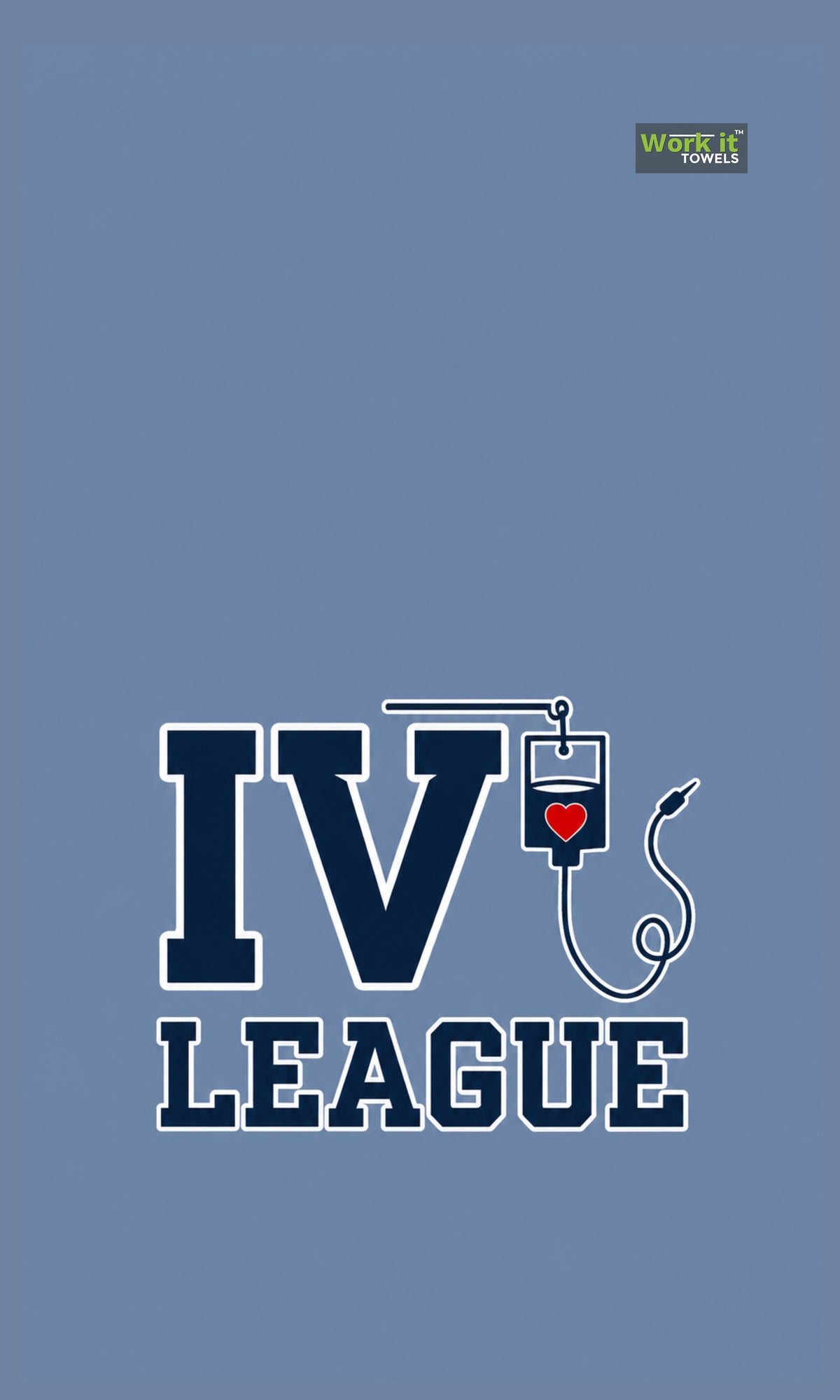 blueish grey towel design with text, 'IV League' and an IV hanging from the V 