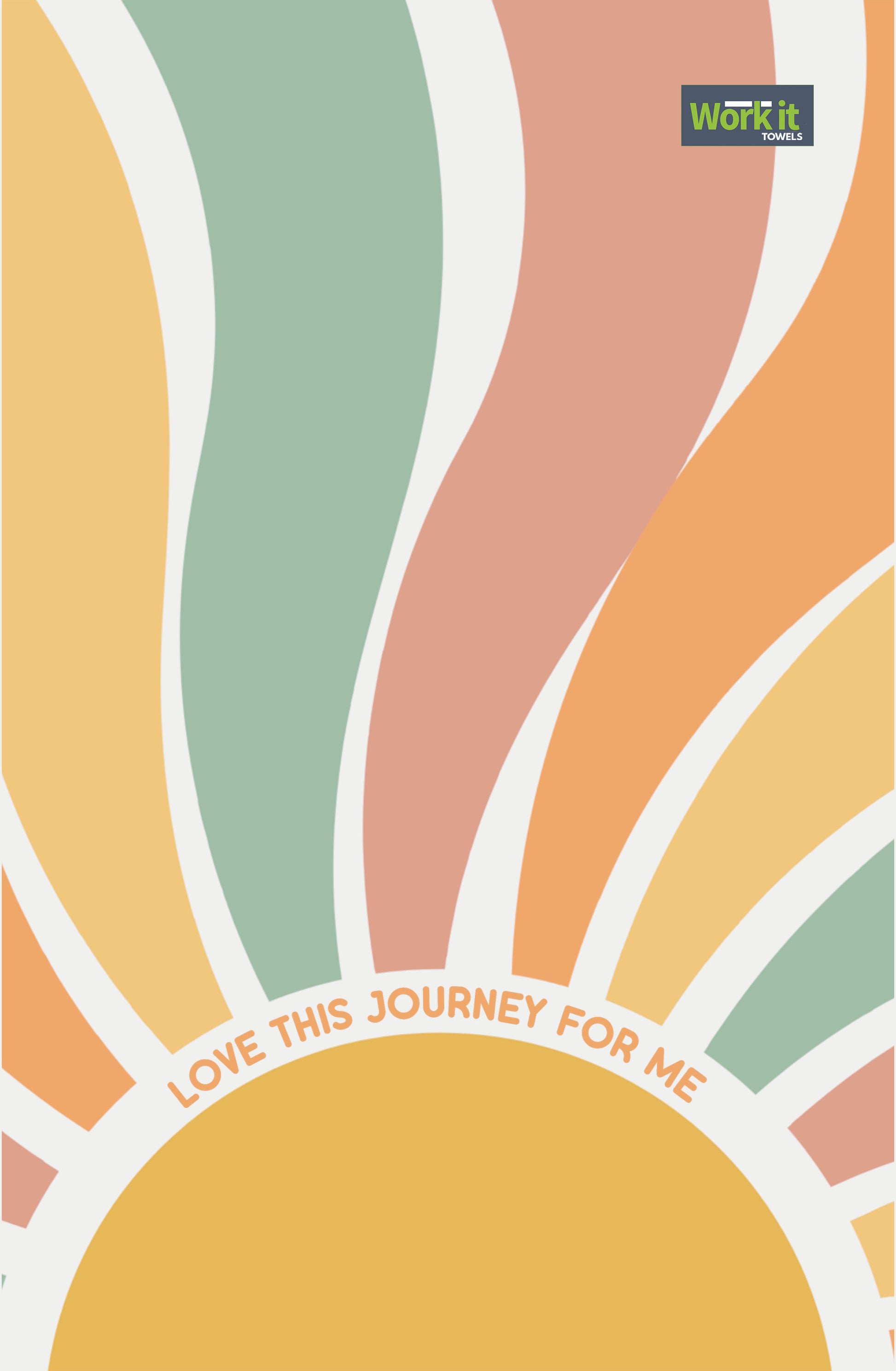 Retro sunrise gym towel in yellow, coral, sage tones with curved rays and the phrase, "Love this Journey for Me."