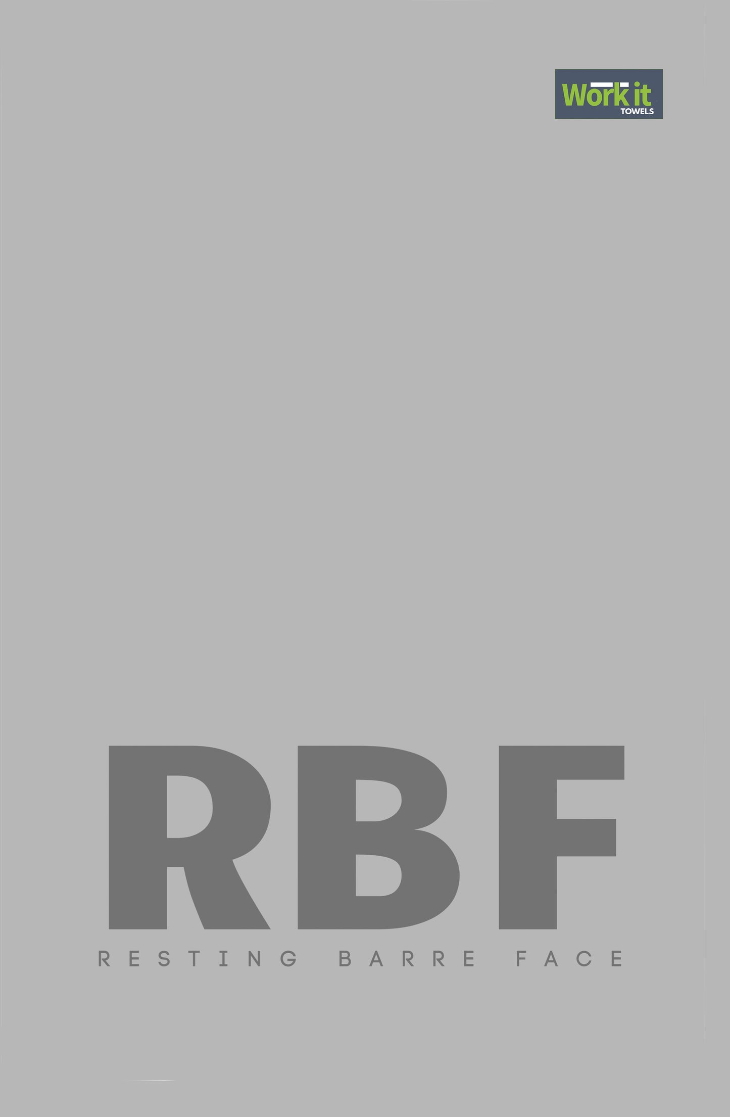 Gray towel design with 'RBF' and 'Resting Barre Face' text, featuring a logo in the corner.