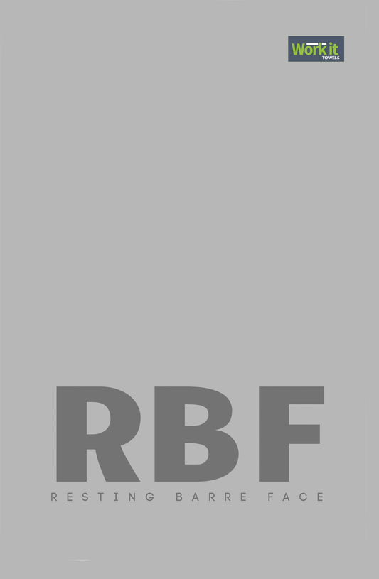 Gray towel design with 'RBF' and 'Resting Barre Face' text, featuring a logo in the corner.