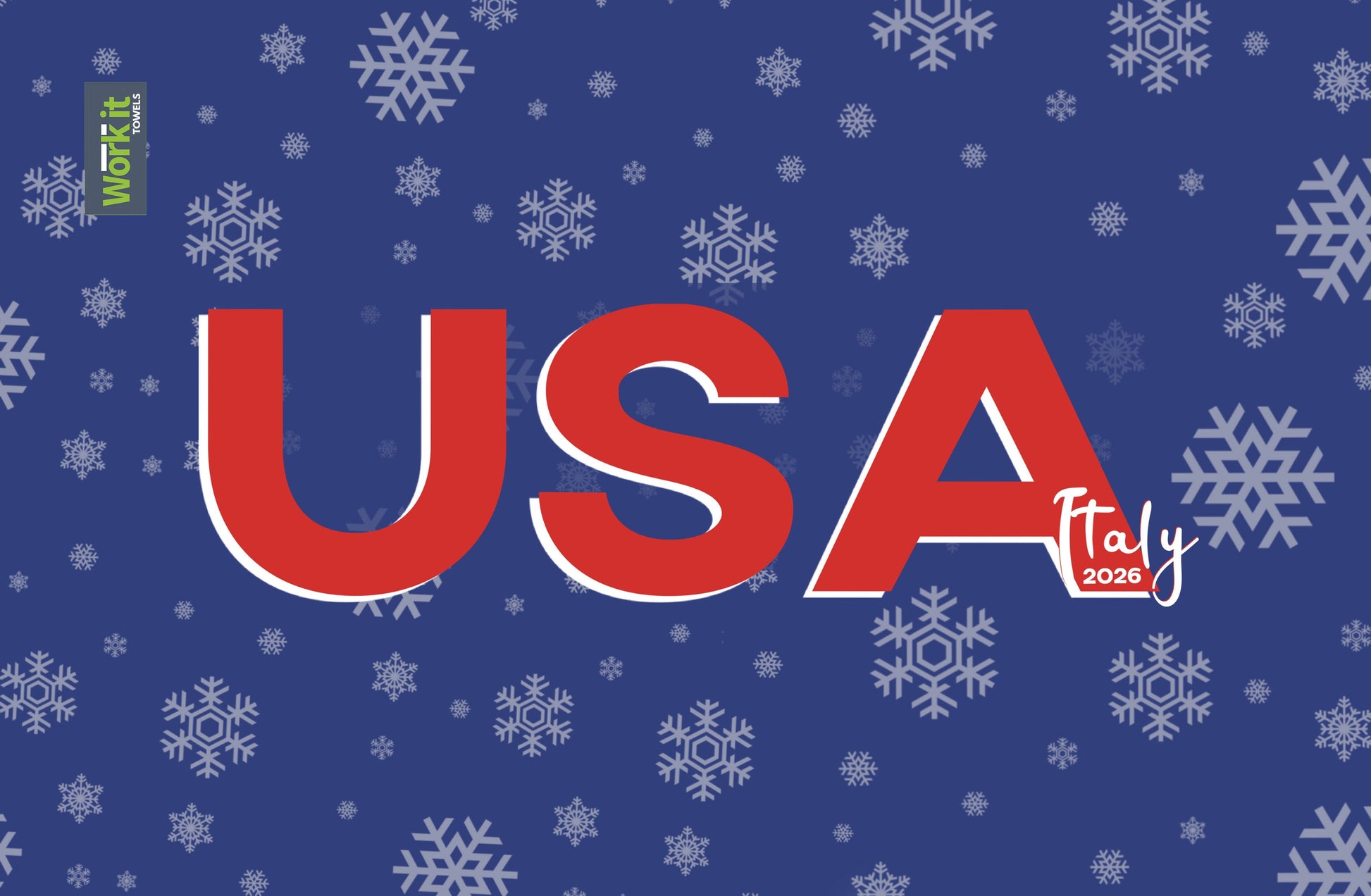 Blue towel with white snowflakes and large red letters spelling “USA” with “Italy 2026” detail.