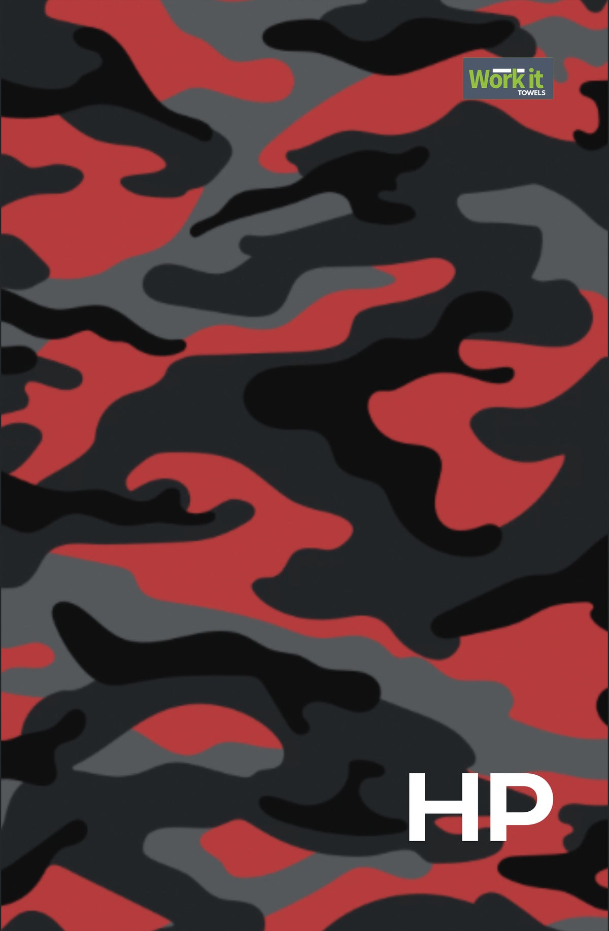 Red camouflage personalized gym towel: red, gray and black camo print, Work It Towels tag, and custom 'HP' initials in white at the bottom right.