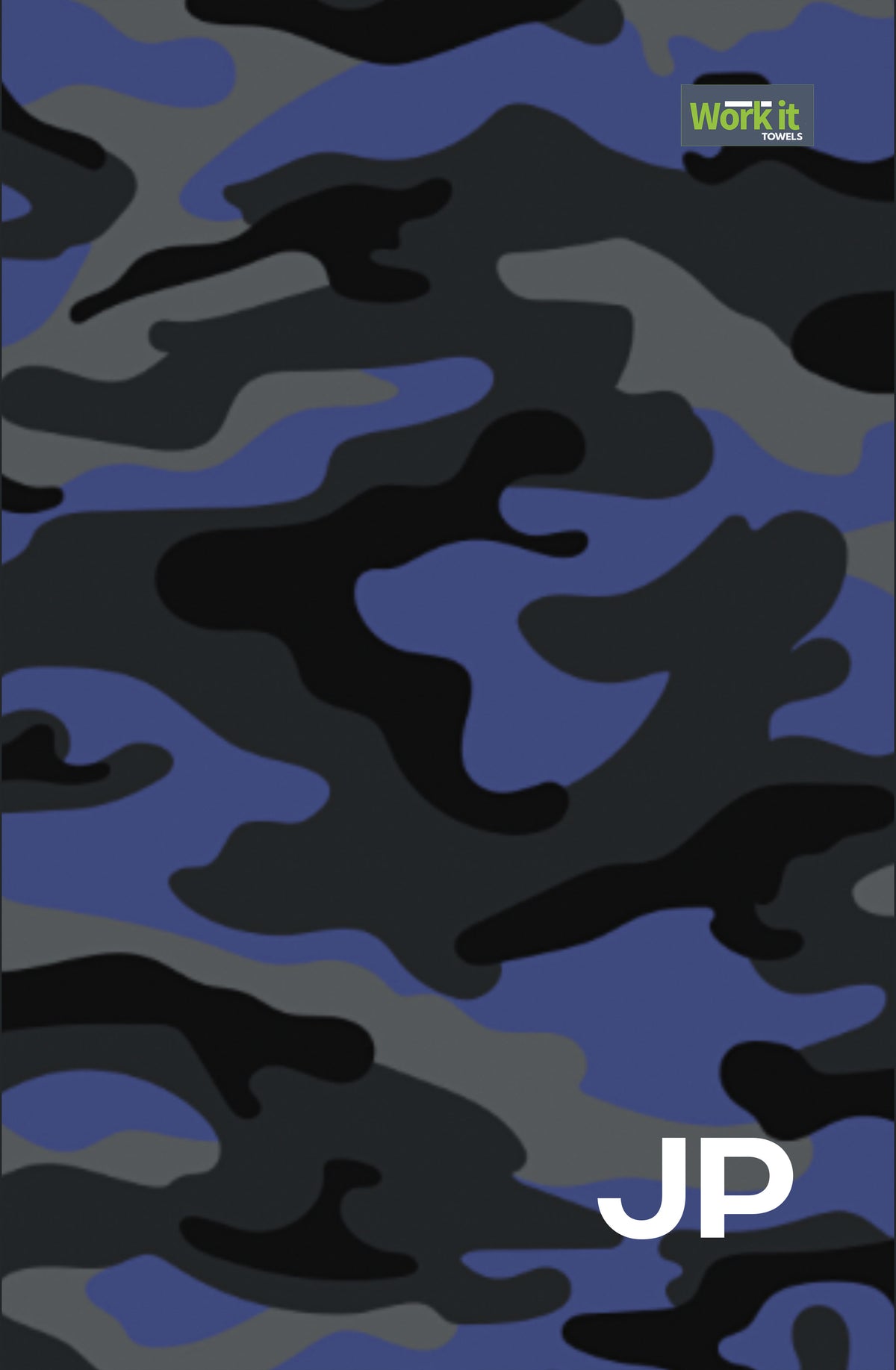 Blue camouflage personalized gym towel: blue, gray and black camo print, Work It Towels tag, and custom 'JP' initials in white at the bottom right.