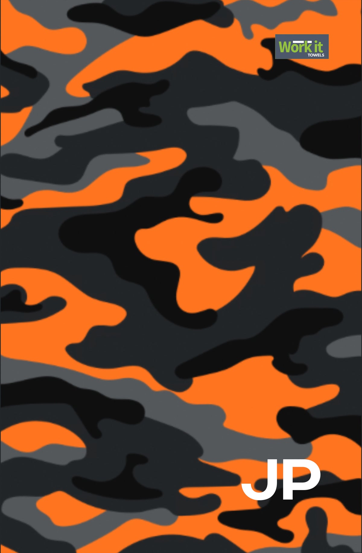 Orange camouflage personalized gym towel: orange, gray and black camo print, Work It Towels tag, and custom 'JP' initials in white at the bottom right.