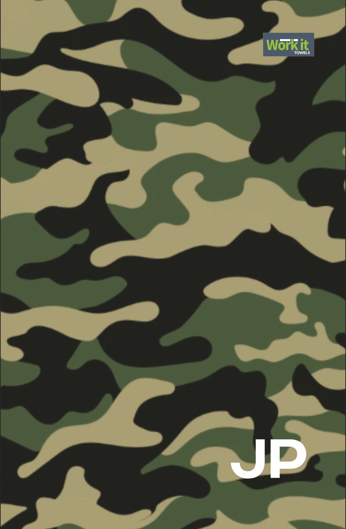Green camouflage personalized gym towel: green, tan and black camo print, Work It Towels tag, and custom 'JP' initials in white at the bottom right.