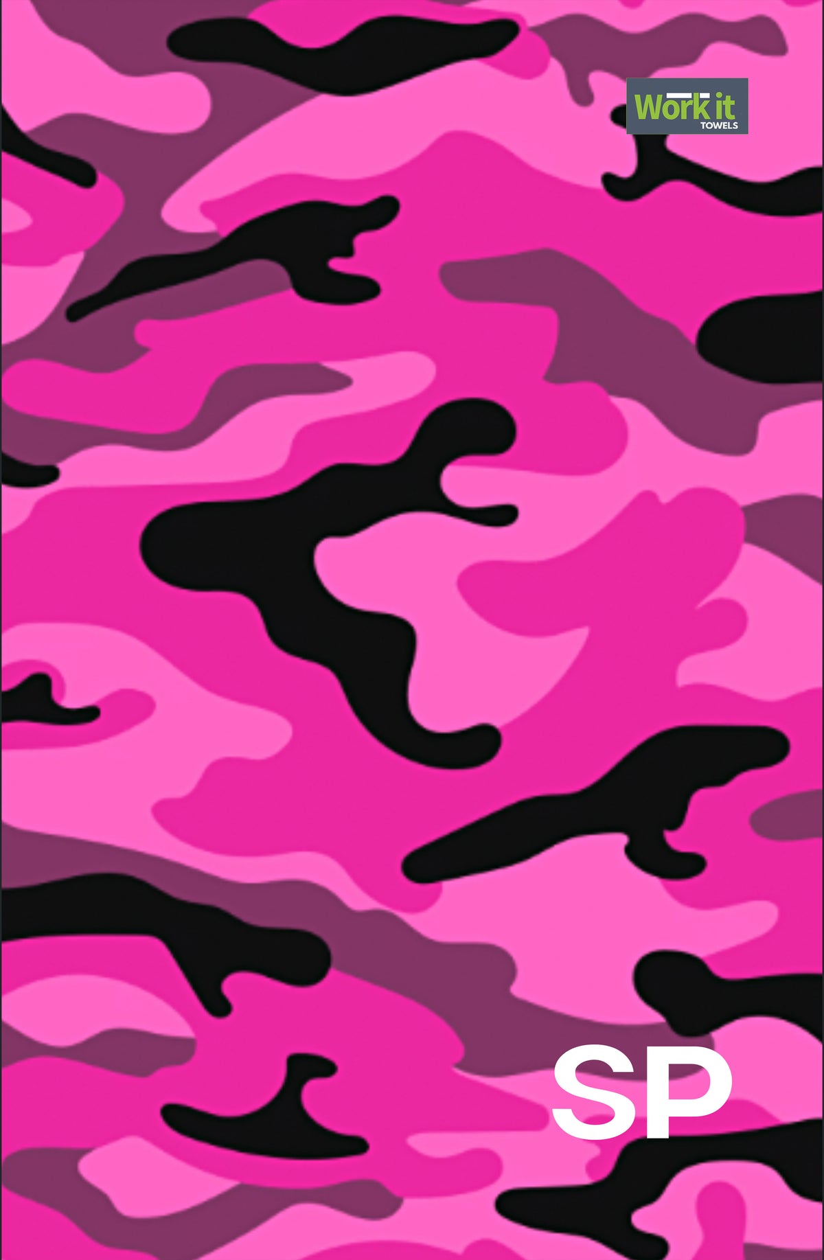 Pink camouflage personalized gym towel: hot pink, magenta and black camo print, Work It Towels tag, and custom 'SP' initials in white at the bottom right.