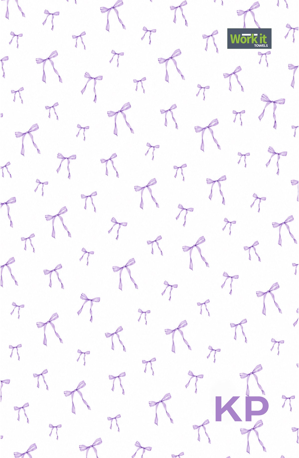 Purple bow personalized gym towel: white with an all-over purple bow print, Work It Towels tag, and custom 'KP' initials in purple at the bottom right.