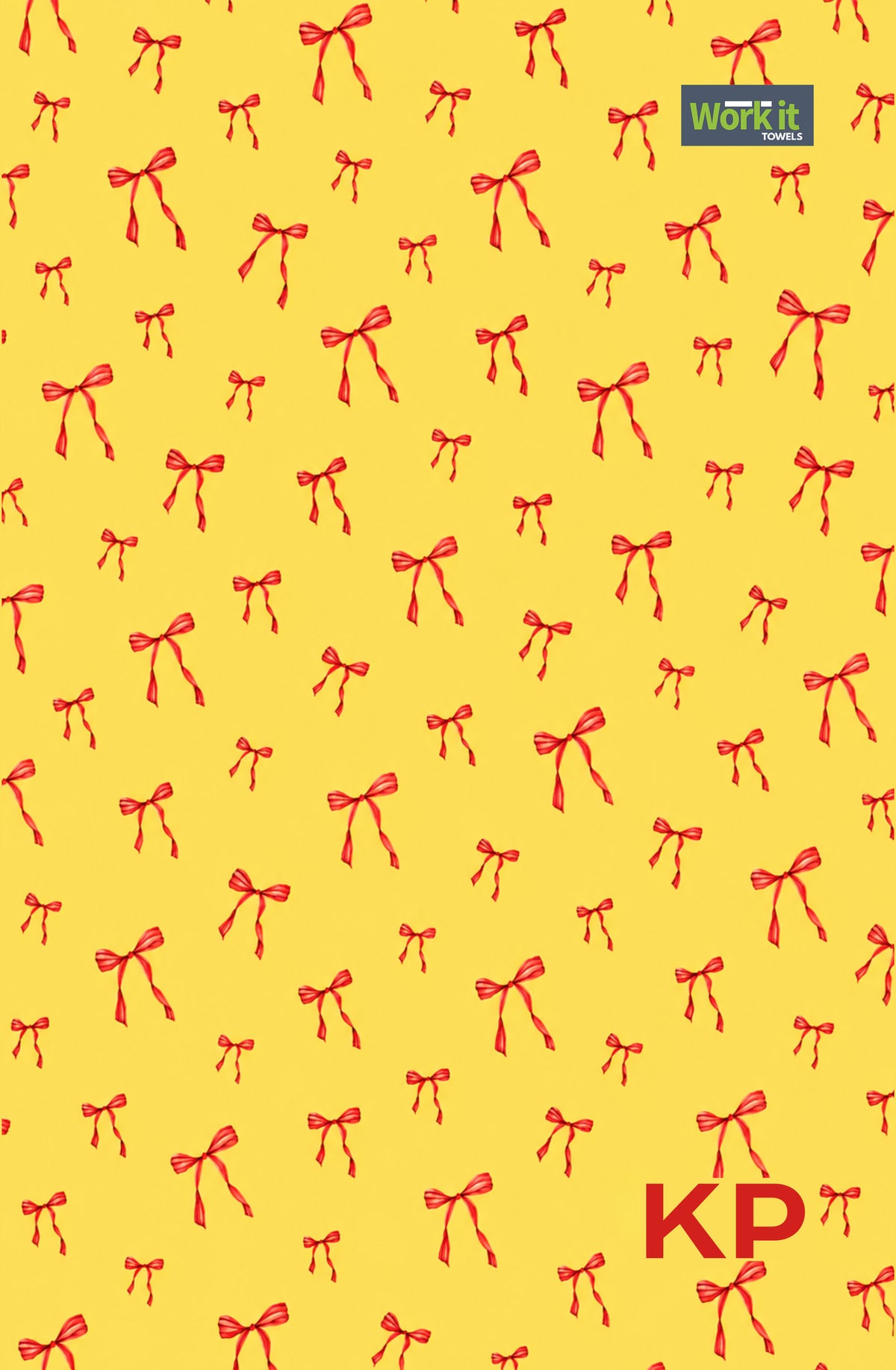 Yellow and red bow personalized gym towel: bright yellow with an all-over red bow print, Work It Towels tag, and custom 'KP' initials in red at the bottom right.