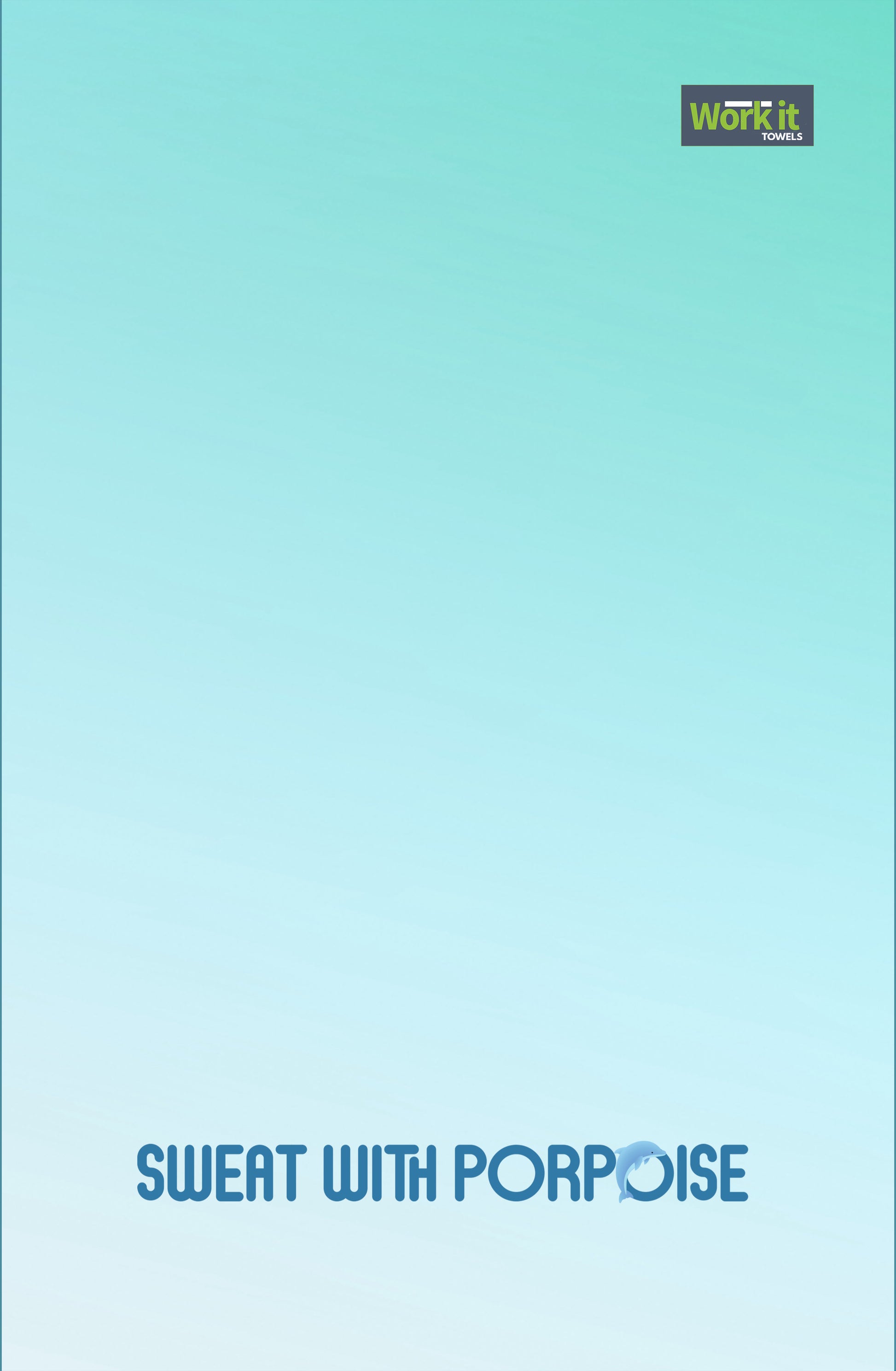 Light blue towel with text 'Sweat with Porpoise' and a logo on the top right corner.