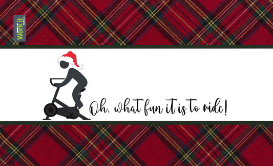 A gym towel with a plaid pattern at the bottom and a design featuring a person on a bike with the text 'Oh what fun it is to RIDE!' on the upper part of the towel.